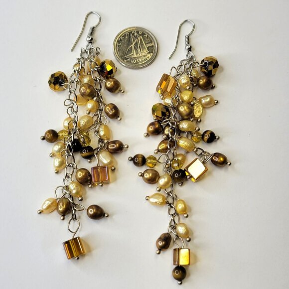Gold and Beige Pearls and Bead Earrings Light Gold Brown Earrings - Picture 3 of 7